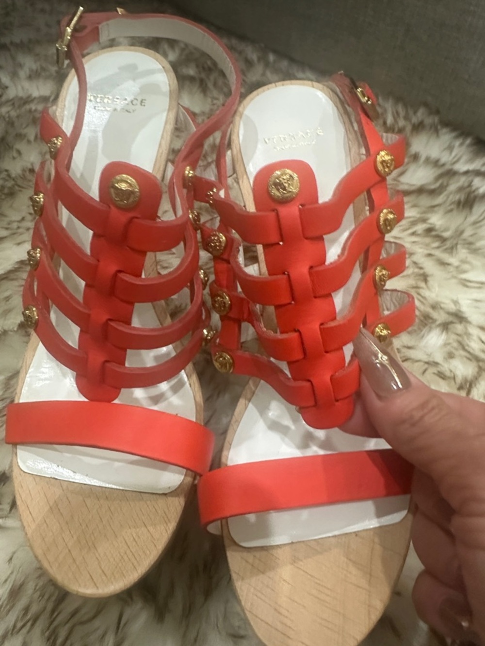 Versace Coral Orange Multi-Strap Platform Sandals with Gold Medusa heads